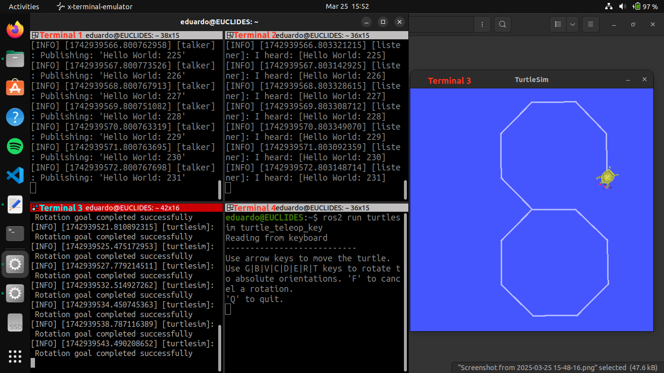 Example screenshot showing terminal outputs from both the Talker-Listener example and the Turtlesim node example in action.
