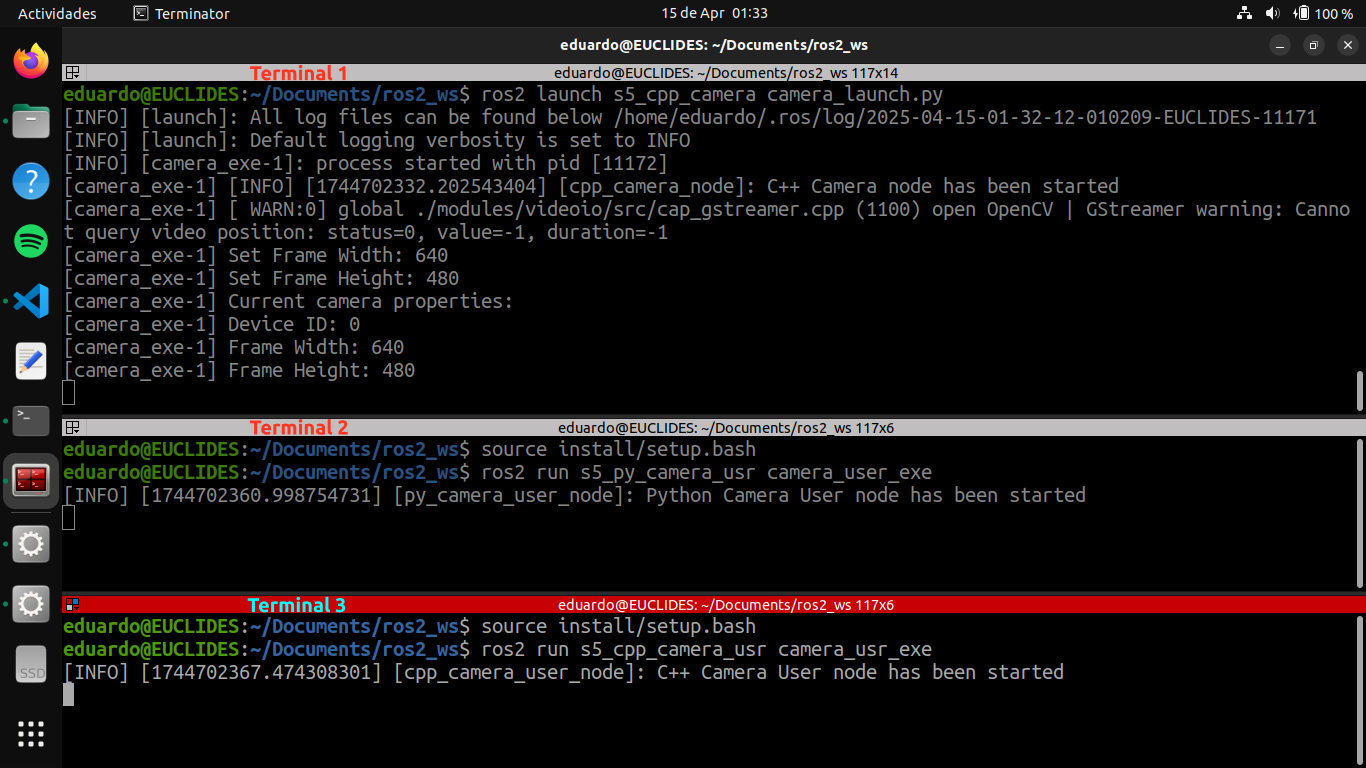 Example screenshot showing terminal outputs of the publisher and subscribers, in C++ and Python, in action.